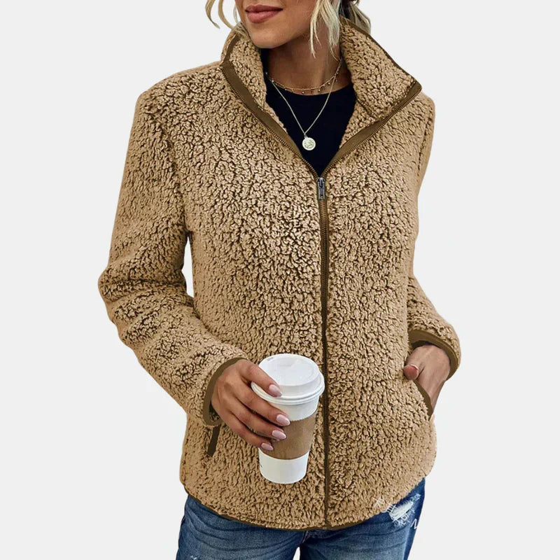 Xara soft teddy fleece jacket with stand collar, contrast piping and relaxed hip-length fit