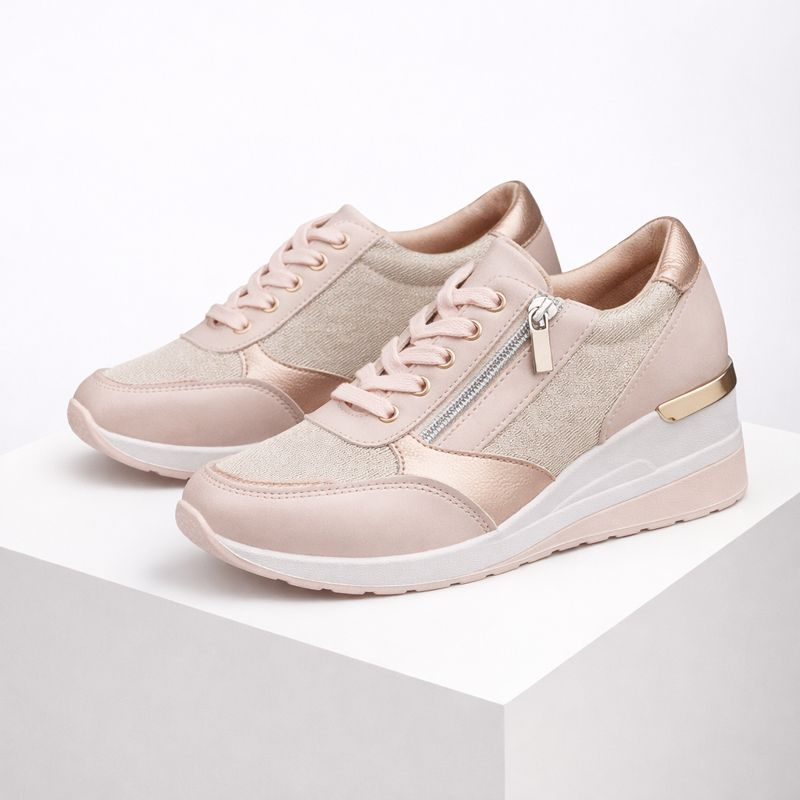 Metallic hidden wedge lace-up sneakers with side zipper in silver, gold and pink