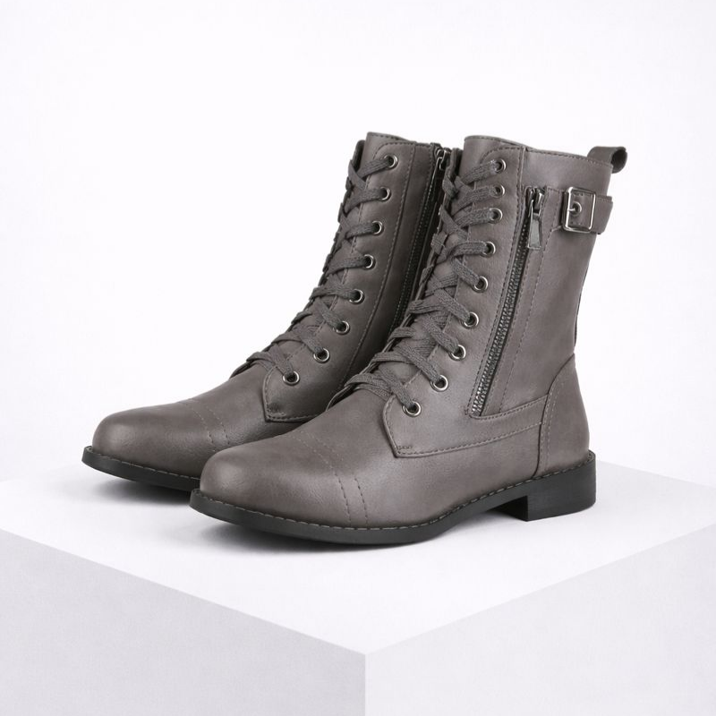 Eco-leather lace-up boots with buckle detail, side zip and a low heel
