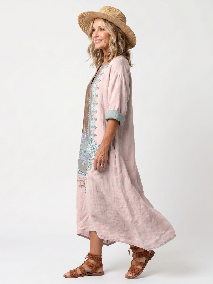 Pink embroidered panel relaxed midi dress with oversized pockets