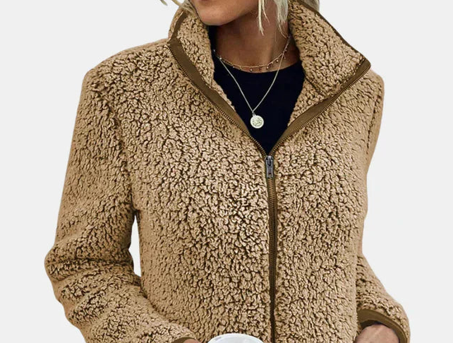 Xara soft teddy fleece jacket with stand collar, contrast piping and relaxed hip-length fit