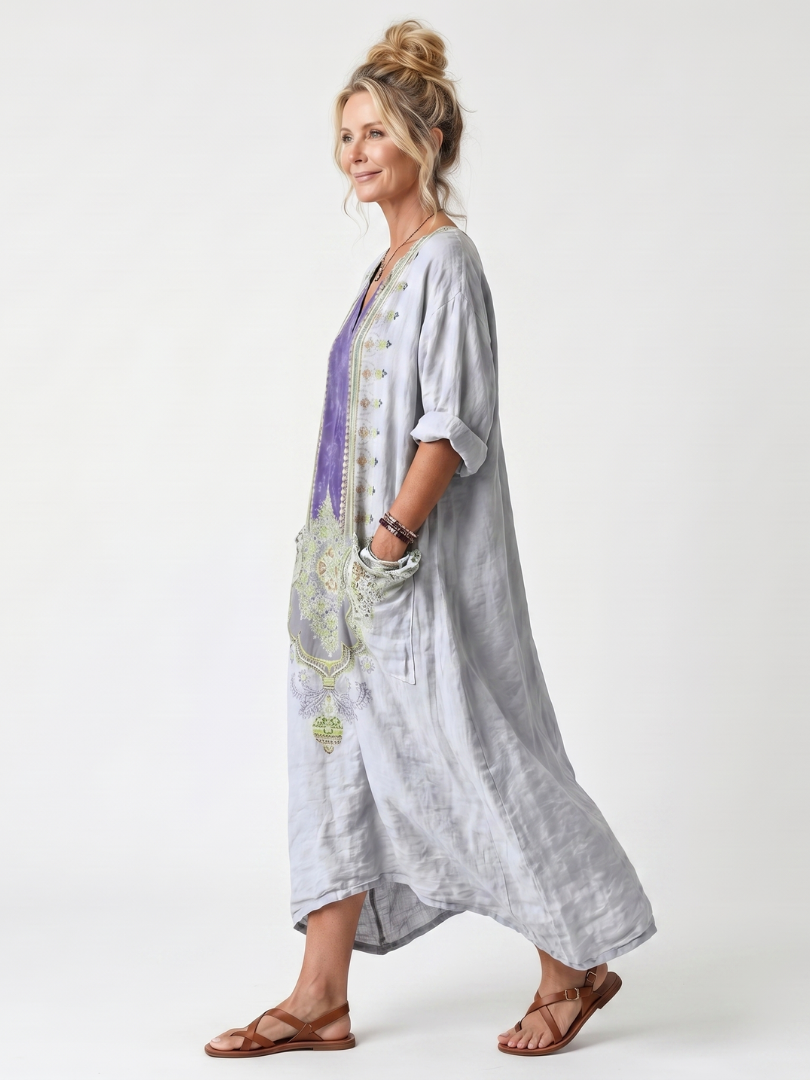 Raina multicolour contrast panel embroidered oversized midi dress with pockets