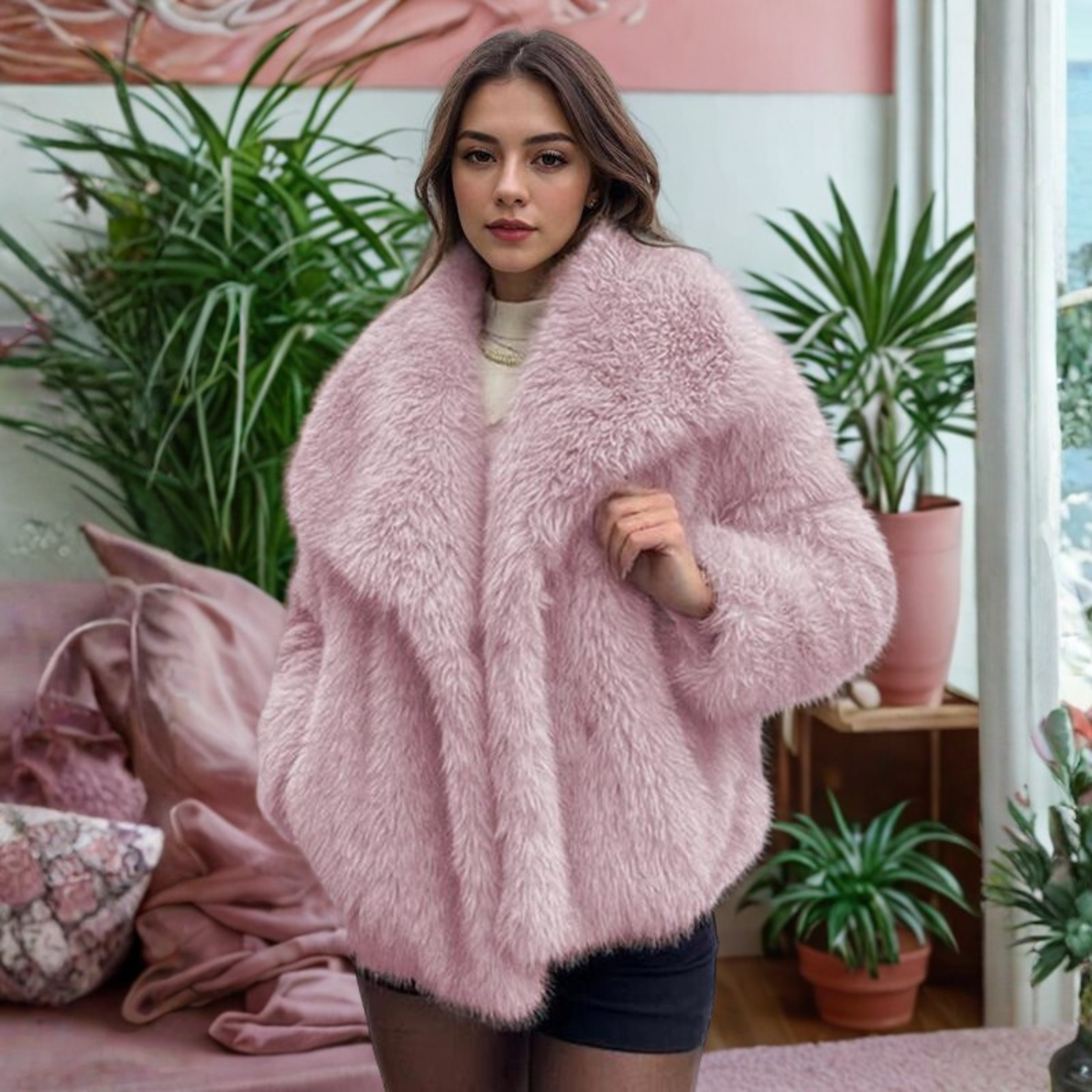 Corrine fuzzy collar coat shown in a tailored cut, available in multiple colours