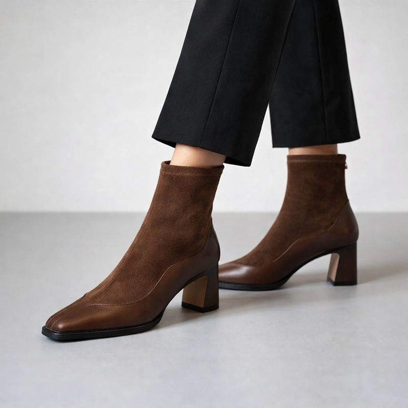 Square toe suede ankle boots with chunky block heel and back zipper in brown and black