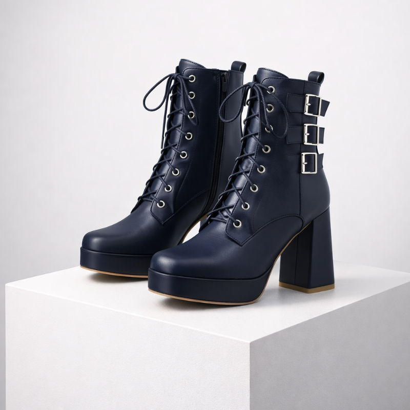 Elvira chunky heel lace-up boots in eco leather with buckle detail and side zipper