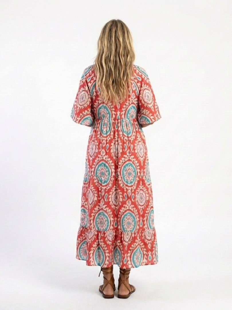 Zaria red paisley print V-neck short sleeve midi dress with a relaxed silhouette