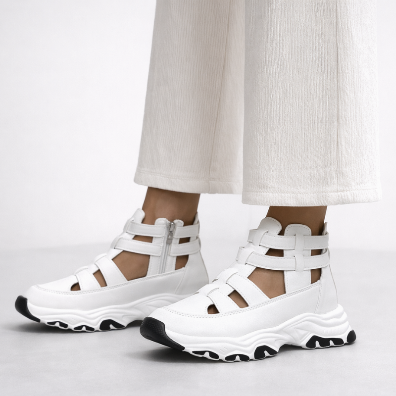 Jade sneaker-inspired closed-toe platform sandals with cushioned sole and zip closure