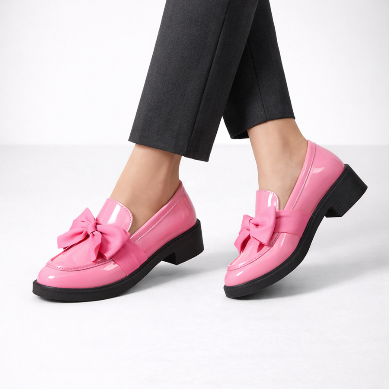 Patent leather bow-detail loafers with a low block heel and round toe