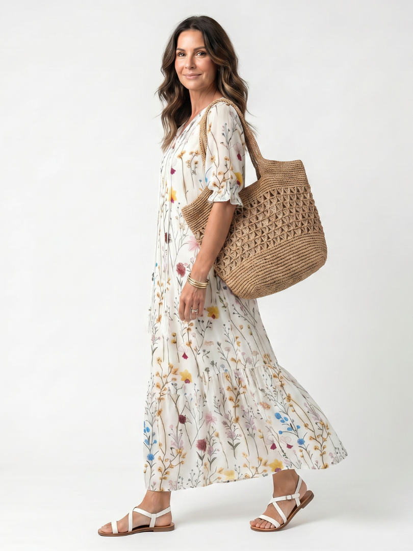 Sylvie white botanical print midi dress with tassel tie and relaxed silhouette