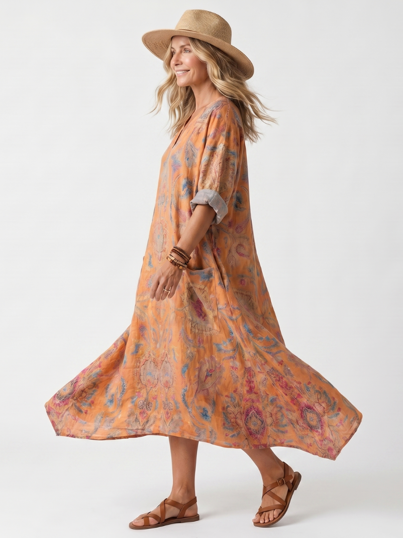 Romy orange printed oversized midi dress with notch neck and roomy pockets