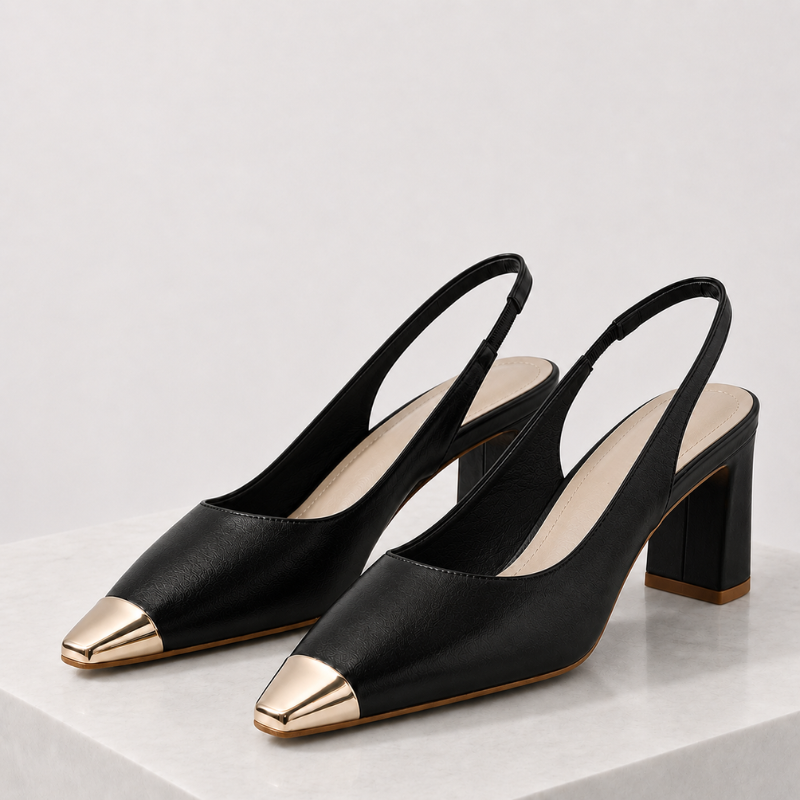 Square toe slingback heels with flared heel and elasticated back strap in white, beige and black