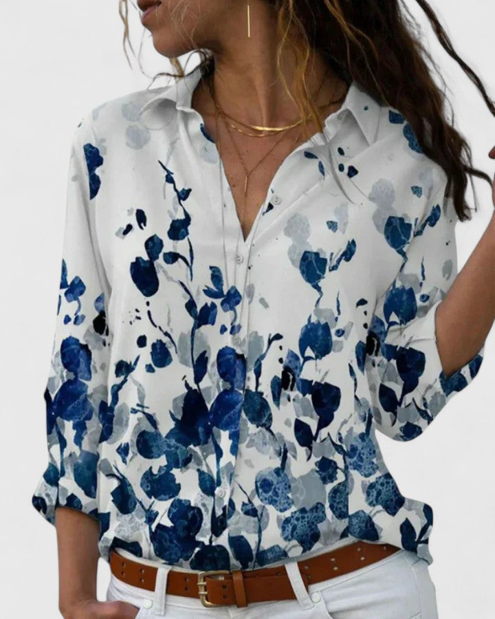 Nadienne elegant blouse shown in sky blue, orange, blue and grey colour options