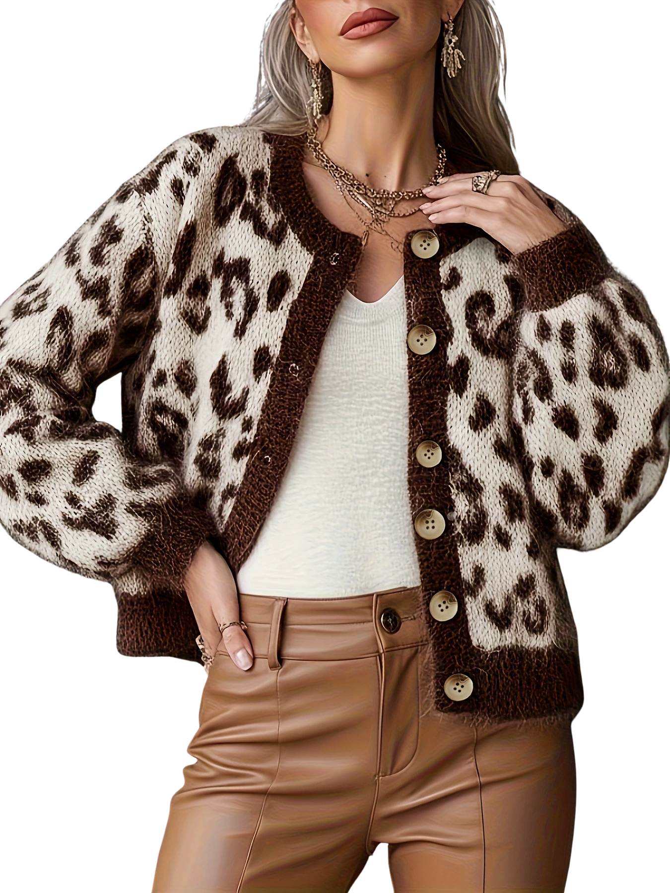 Eudora leopard print cardigan sweater shown in brown and grey