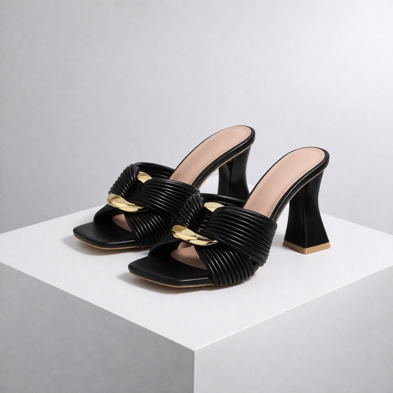 Chunky heel sandals with gold-tone buckle detail and open square toe