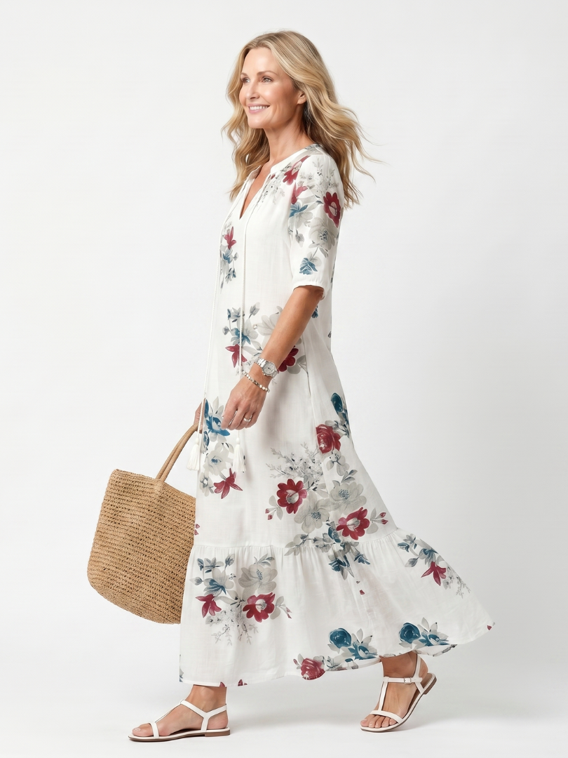 Maeva white scattered floral tassel tie midi dress with a relaxed silhouette and pockets