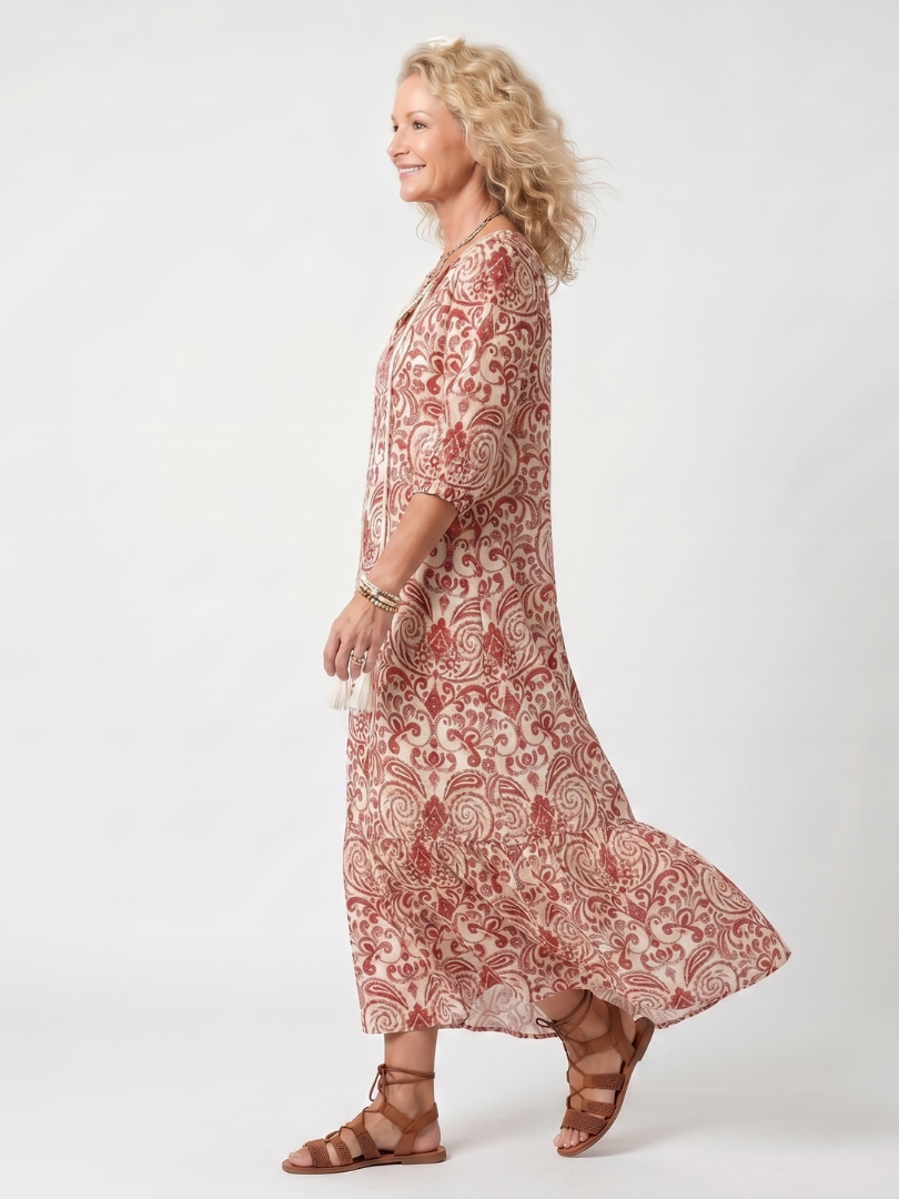 Noelle relaxed-fit red ornate print midi dress with tassel tie and pockets