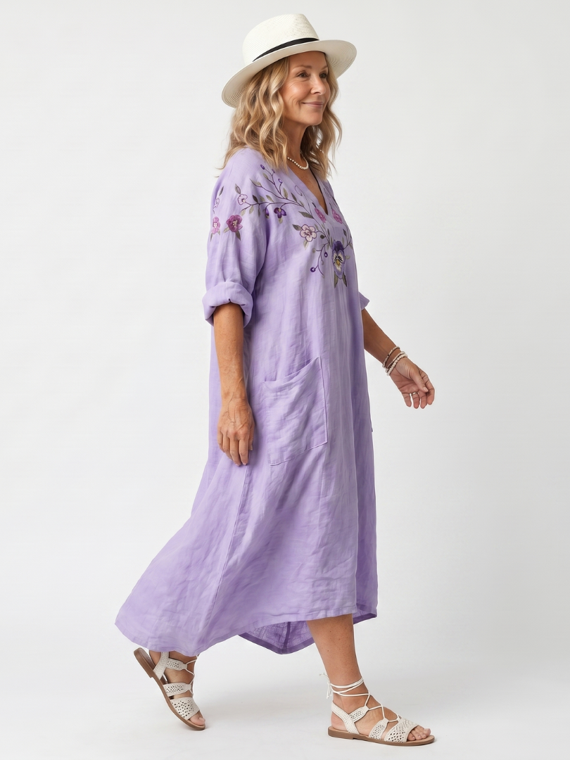 Purple floral embroidered oversized midi dress with pockets and a relaxed silhouette