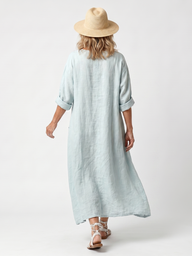 Sky blue Kassiani oversized midi dress with ornate embroidered panels and pockets