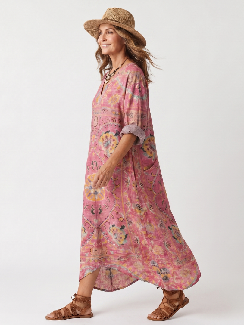 Pink abstract print relaxed midi dress with oversized pockets
