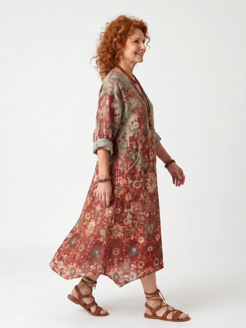 Marigolde relaxed midi dress in a multicolour mixed pattern with oversized pockets