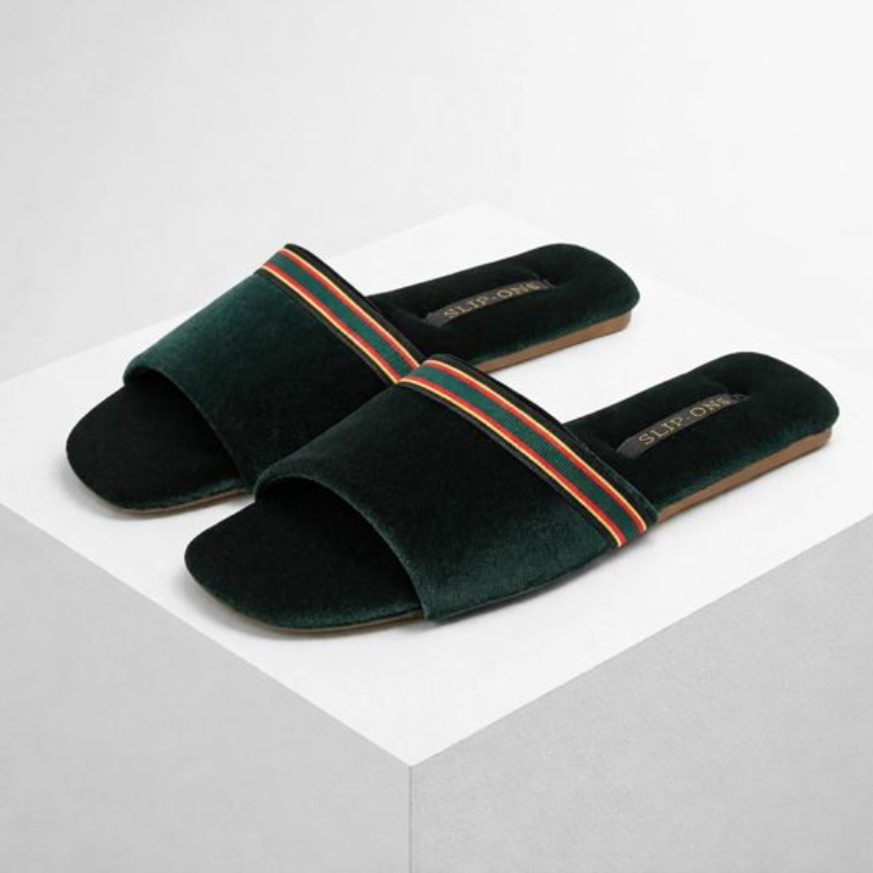 Velvety open-toe slippers with ribbon detailing in red, green and brown