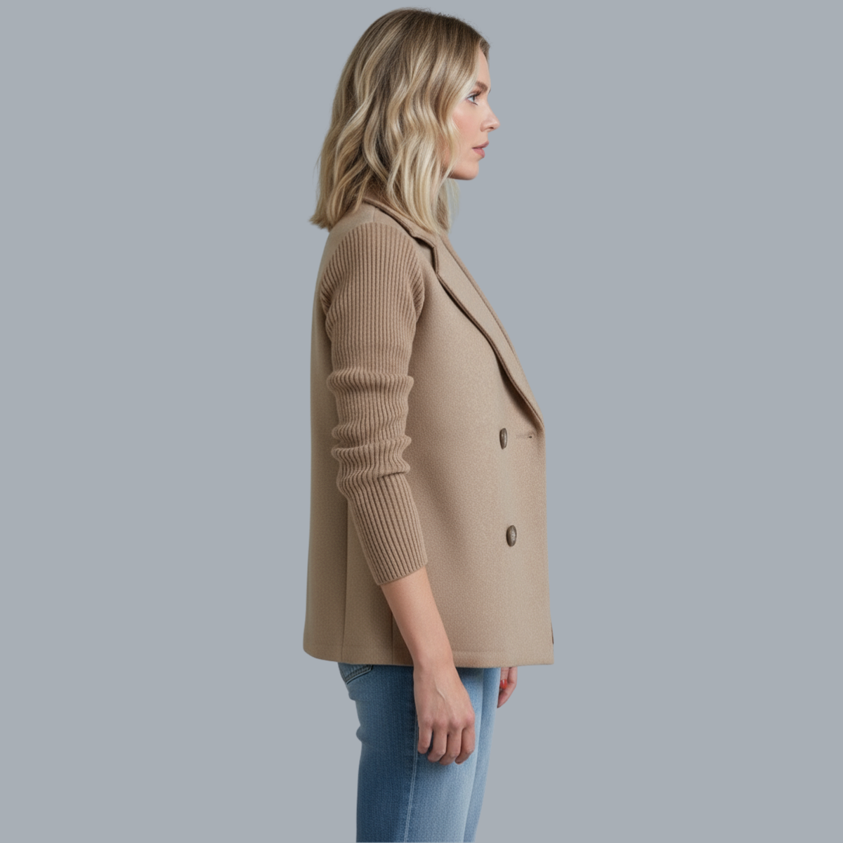 Sasha soft ribbed unstructured blazer coat in a neutral tone with full-length sleeves