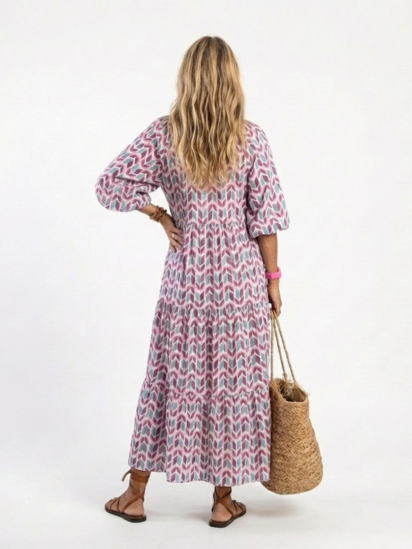 Mireya rose gold geometric print long sleeve tiered midi dress with relaxed silhouette