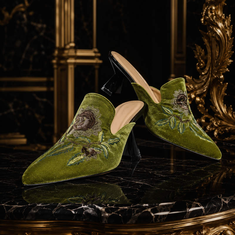 Embroidered velvet pointed-toe mules with floral detail and low flared heel