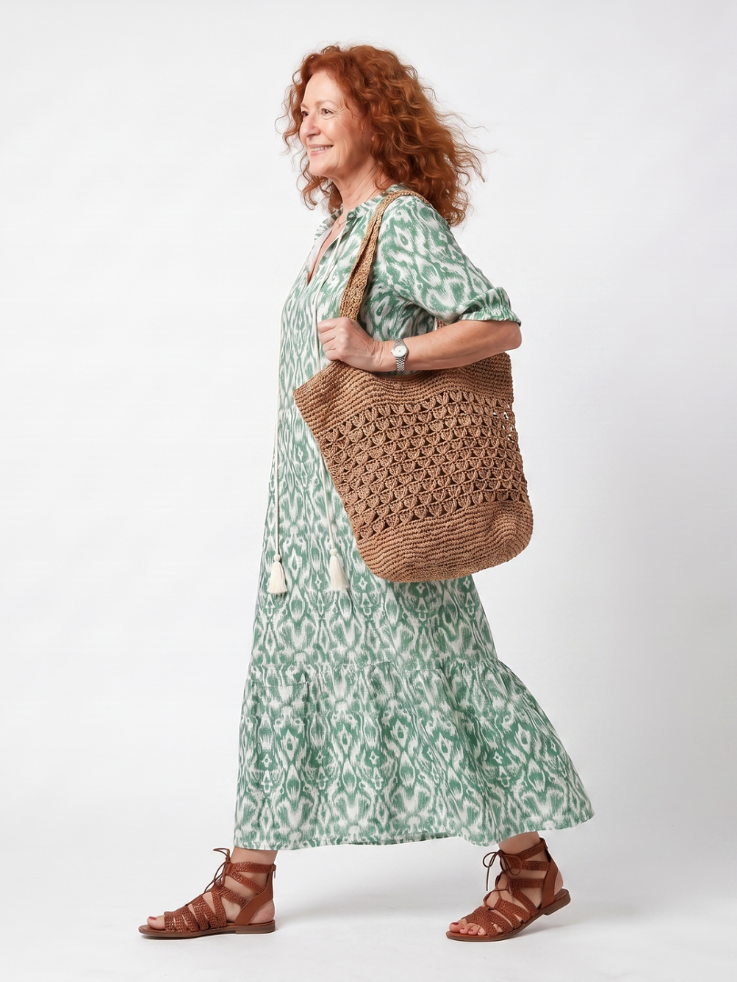 Ilara green pattern V-neck tassel midi dress with a relaxed silhouette and pockets