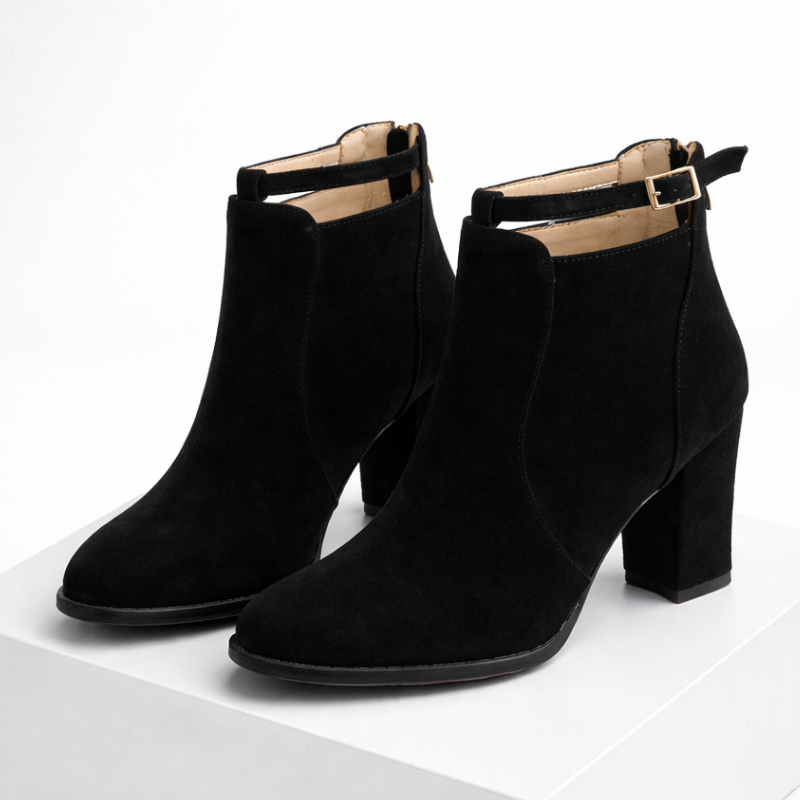 Vikky suede block heels with ankle strap and gold-tone buckle in beige and black