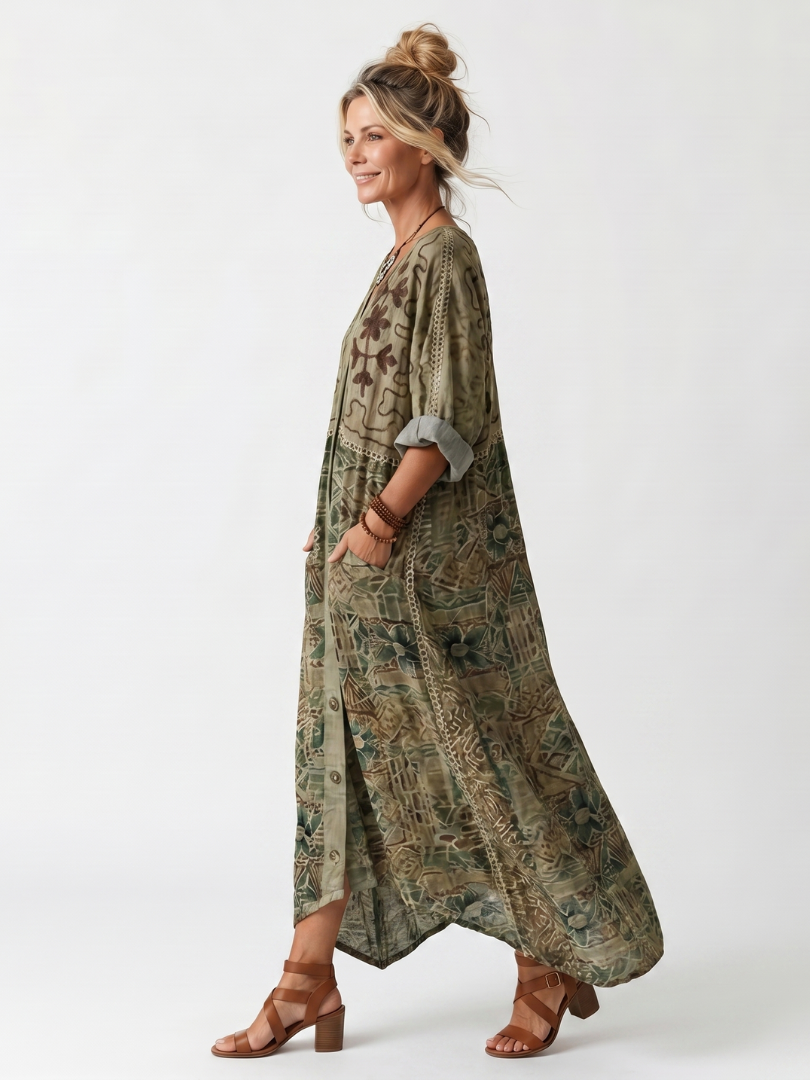 Green button front embroidered oversized pocket midi dress in a relaxed silhouette