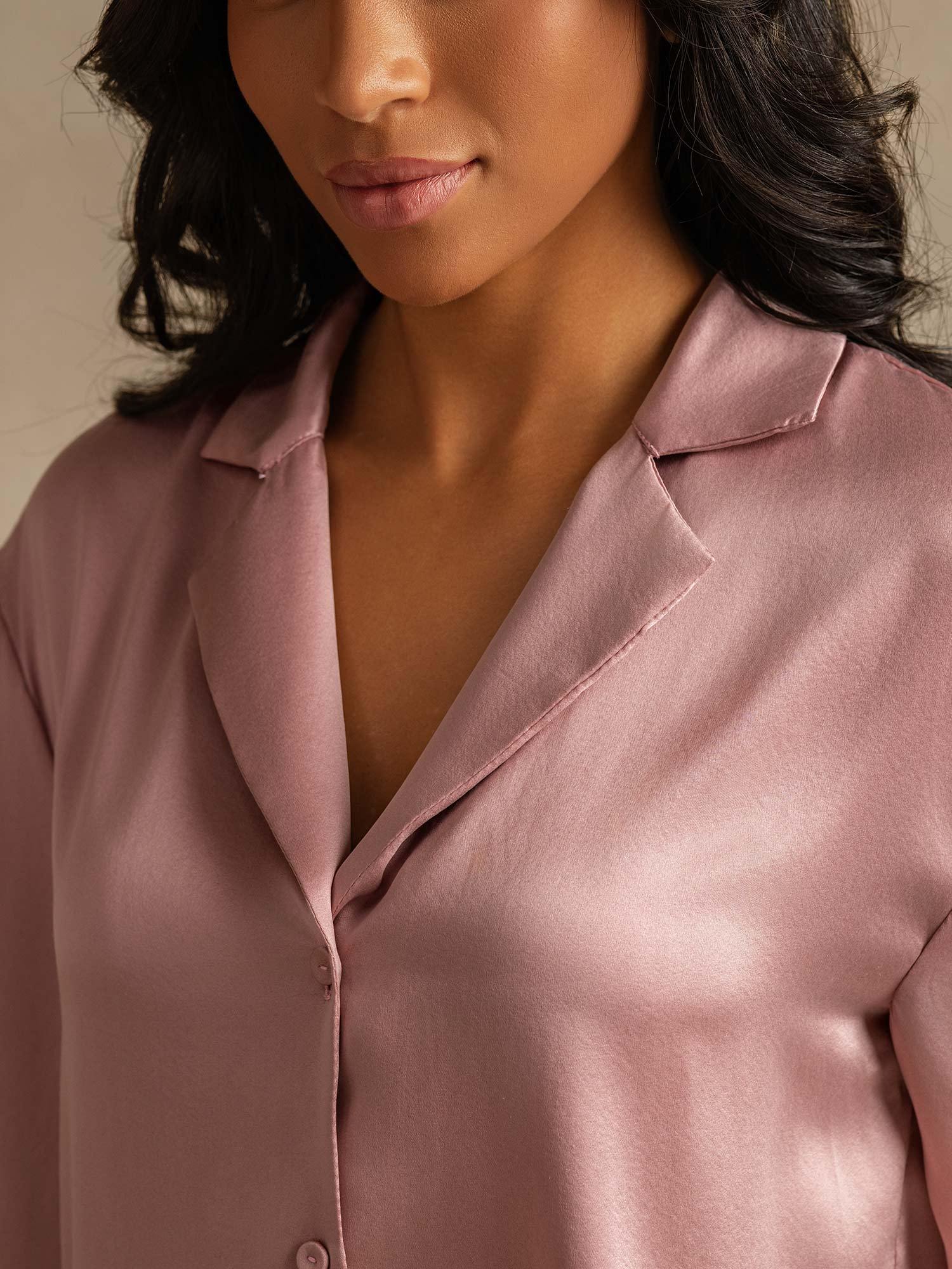 Louise modern pyjama set in pure mulberry silk shown in soft colour options