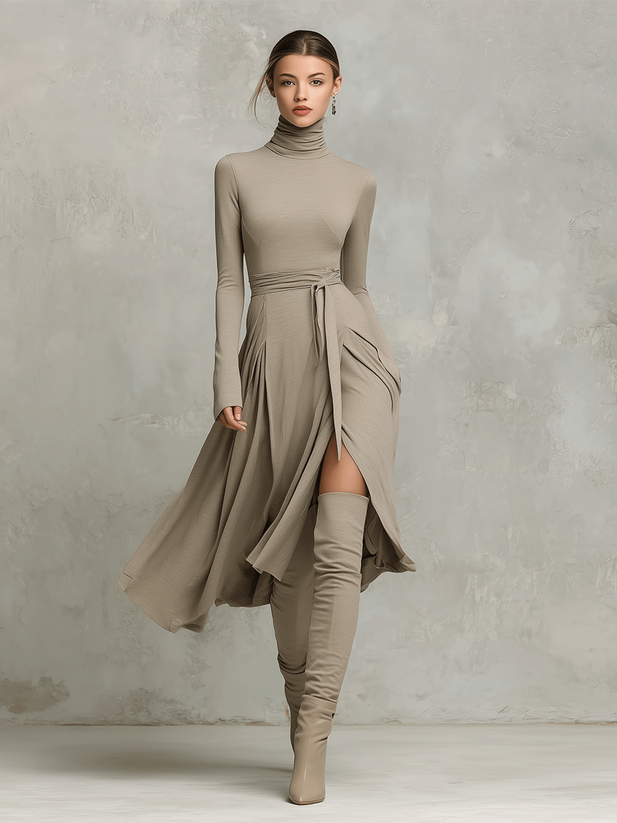 Ximena elegant figure-flattering long dress in beige for women