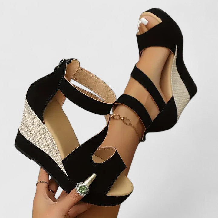 Selviana | Black Woven Wedge Sandals with Cushioned Insole