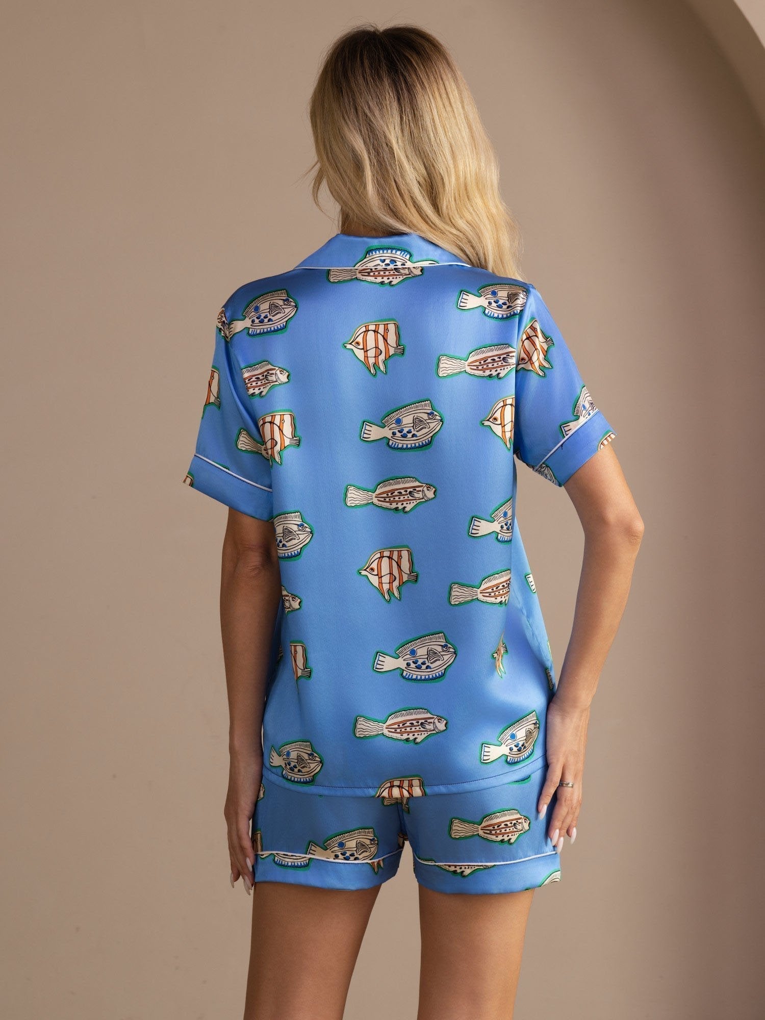 Agatha gathered pyjama set in blue fish print pure mulberry silk