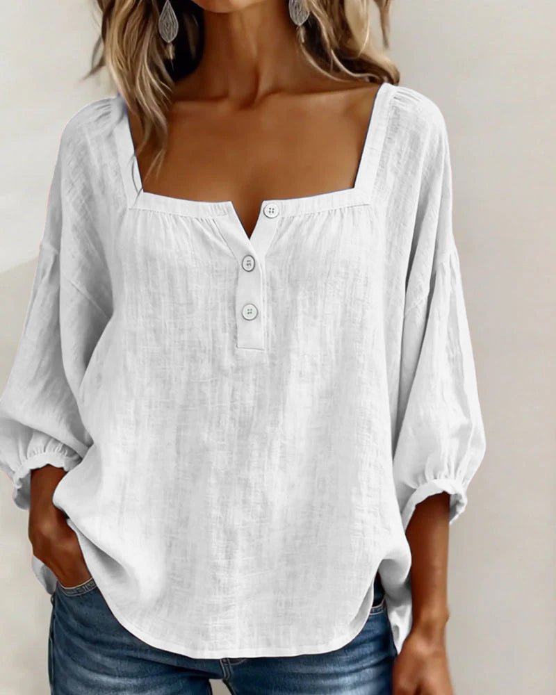 Diane square neck lantern sleeve shirt shown in soft everyday colours