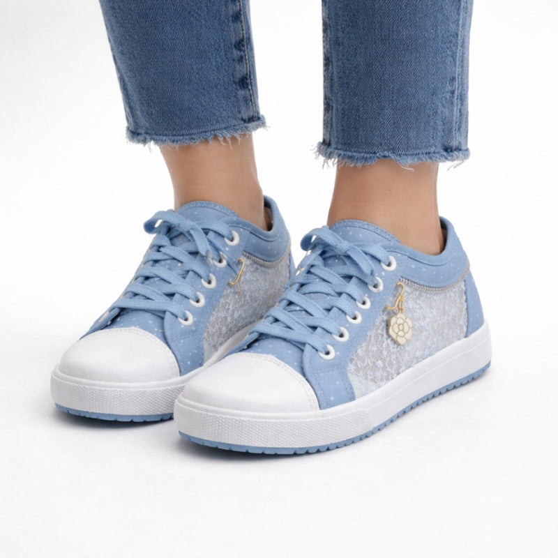 Denim low-top lace-up sneakers with lace mesh side panels and rubber toe cap