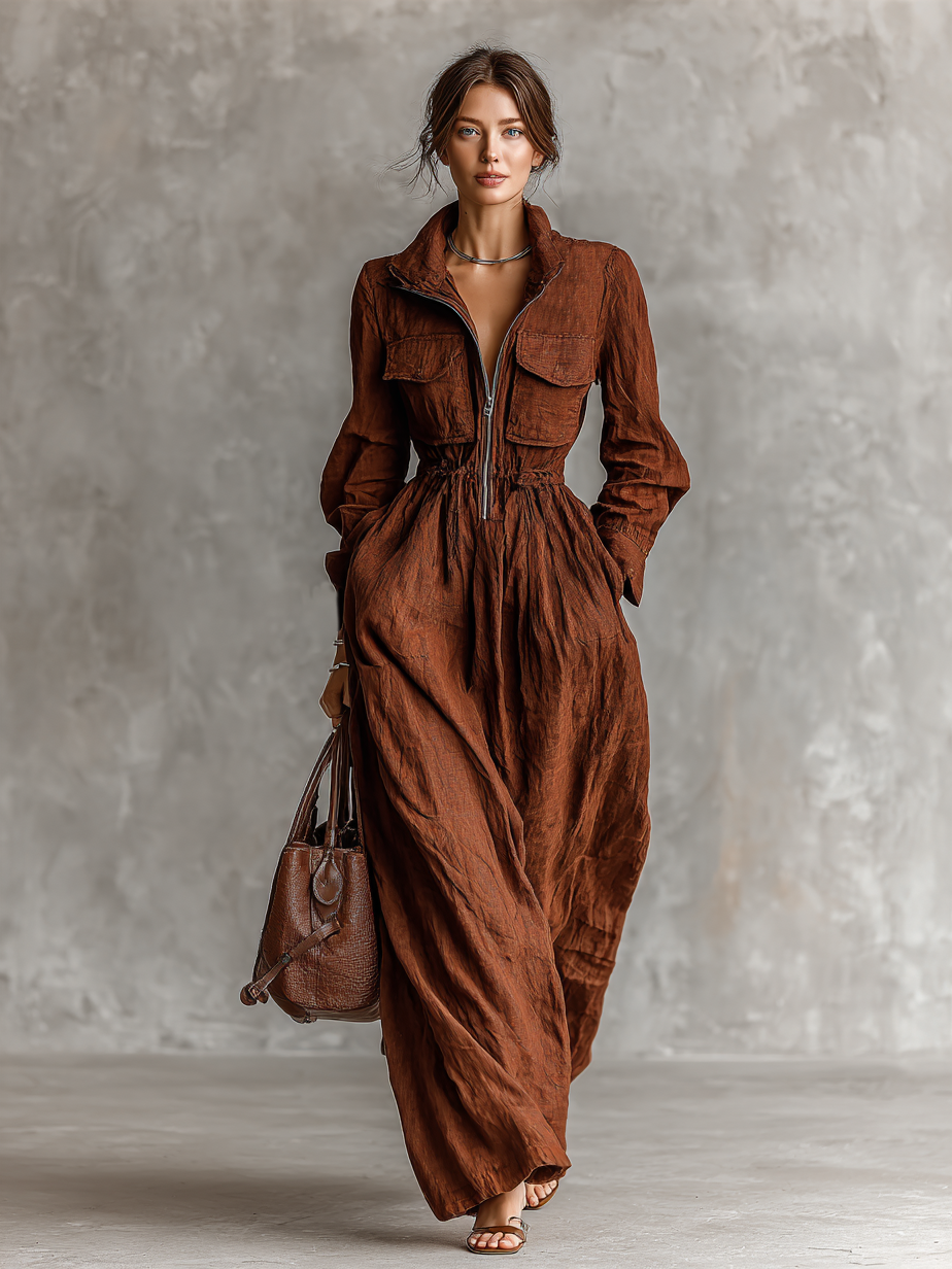 Adele dark brown cotton-linen zip-front jacket with lapel collar