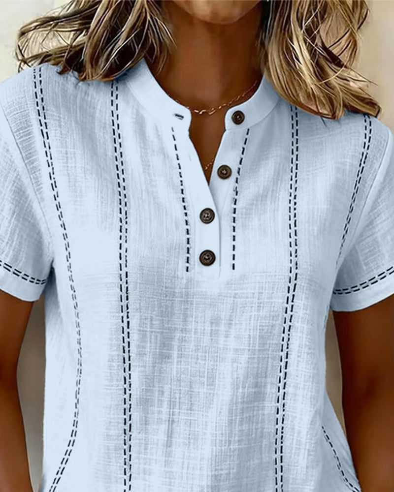 Linda casual button v-neck tee shown in white, blue and pink