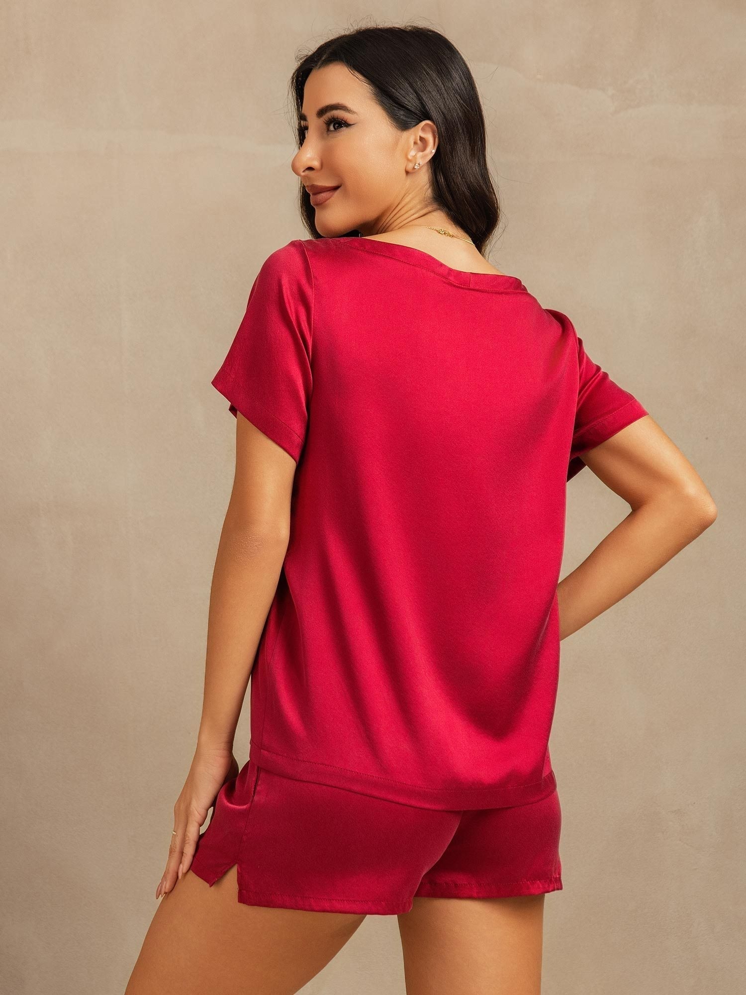 Mae soft mulberry silk pyjama set shown in an elegant matching top and bottom