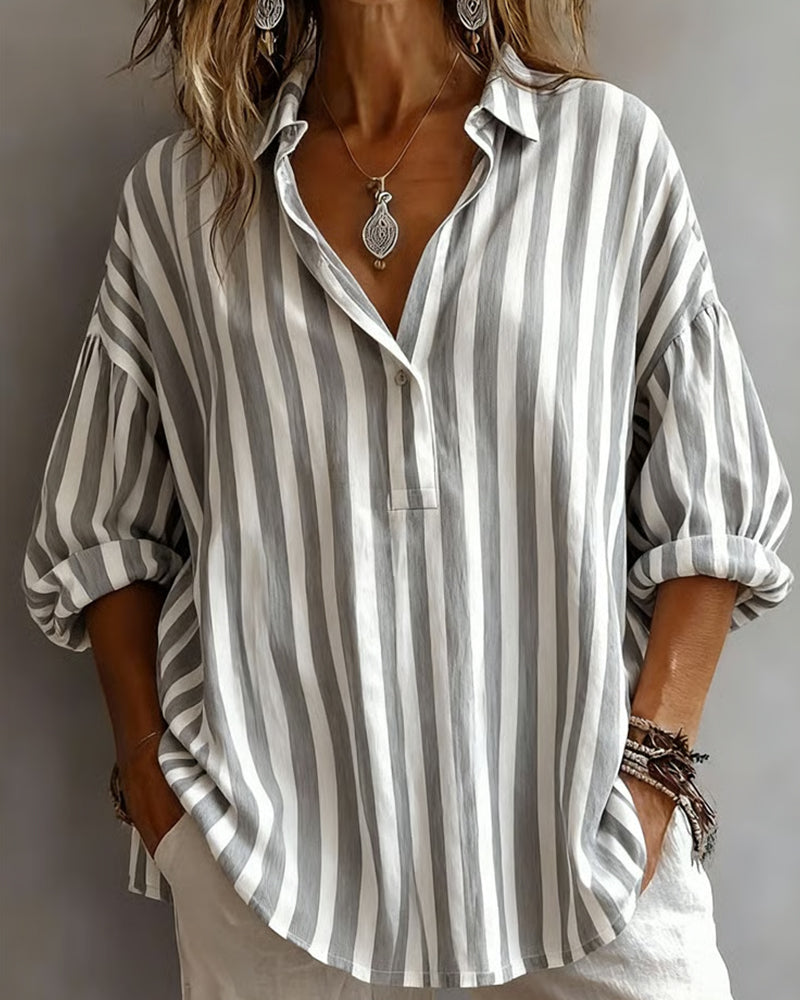Deborah wide striped collared blouse shown in pink, gray and khaki