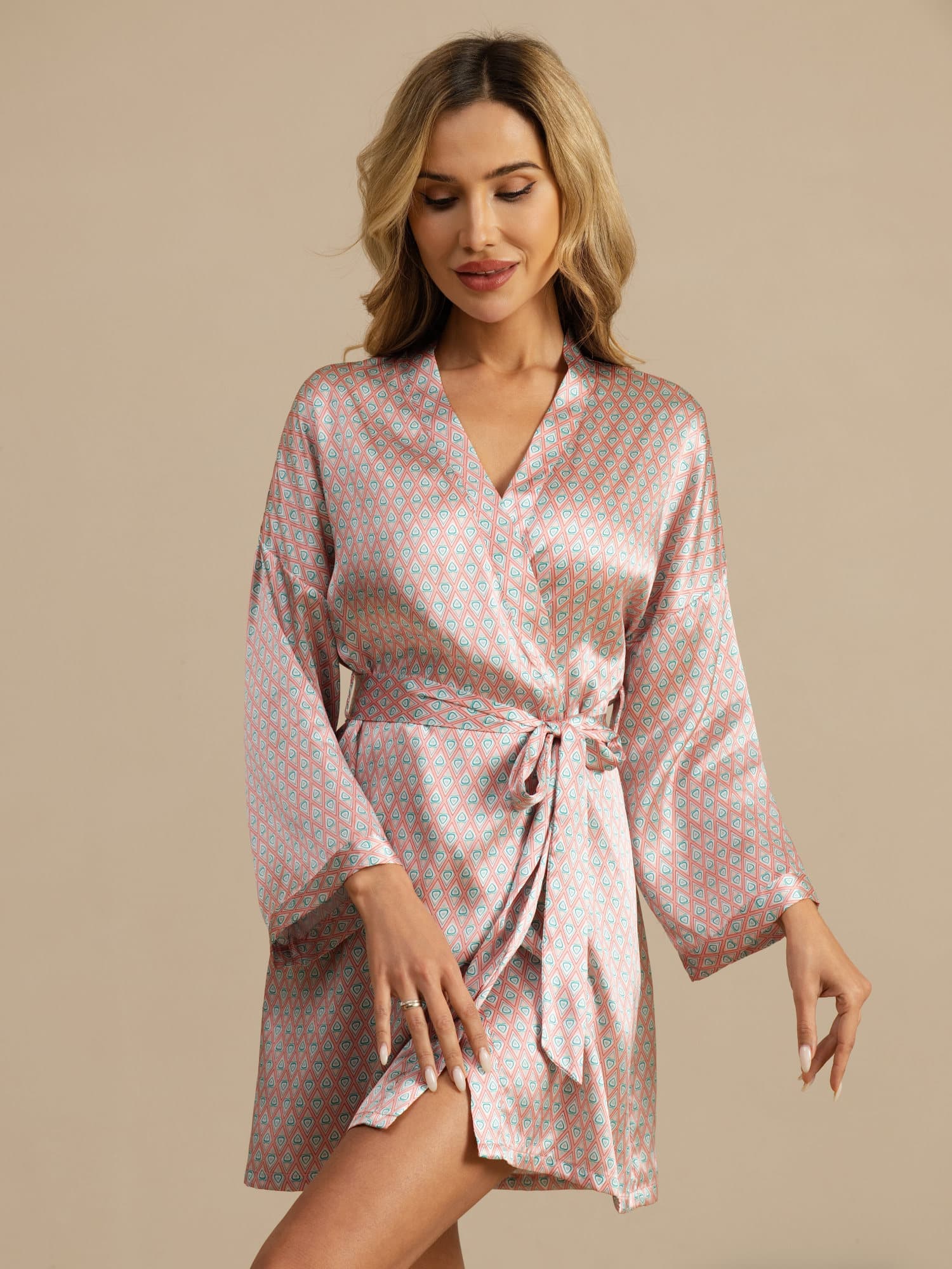 Luna short silk nightgown in heart geo print, soft mulberry silk sleepwear
