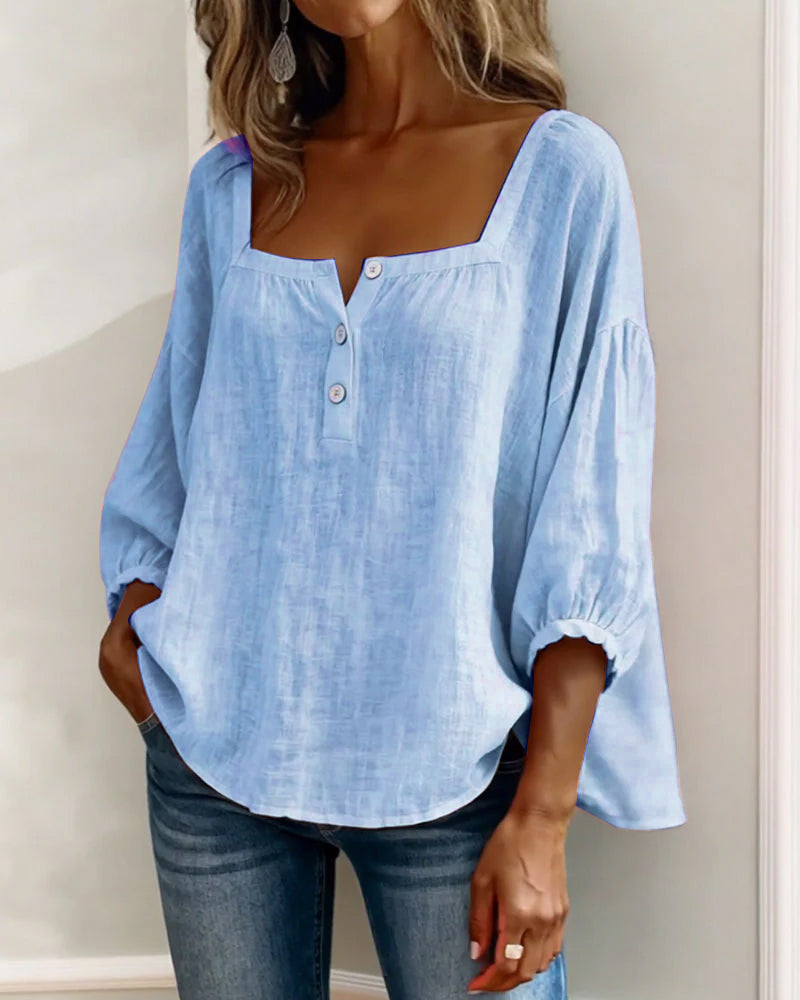 Diane square neck lantern sleeve shirt shown in soft everyday colours