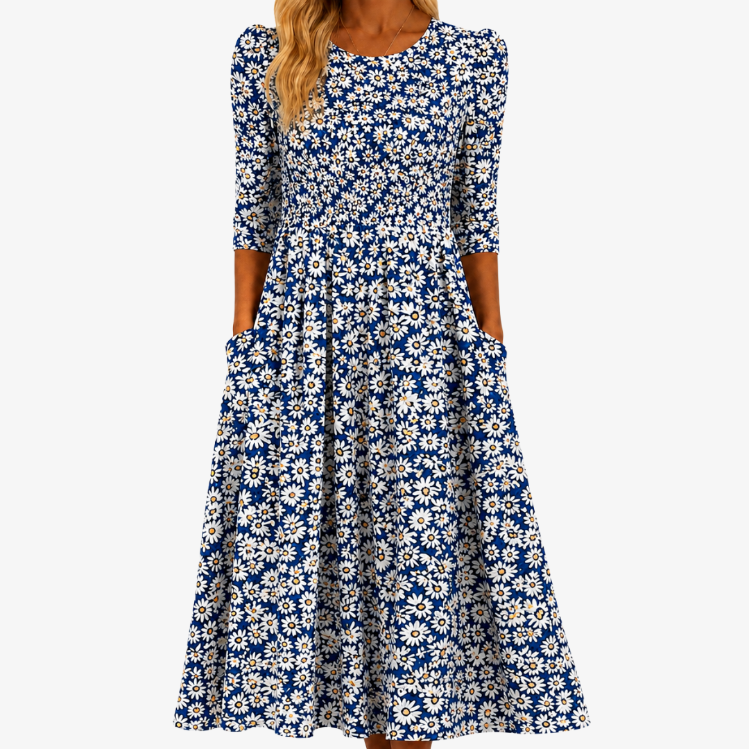 Brooke blue daisy floral summer dress with pockets, lightweight and flattering