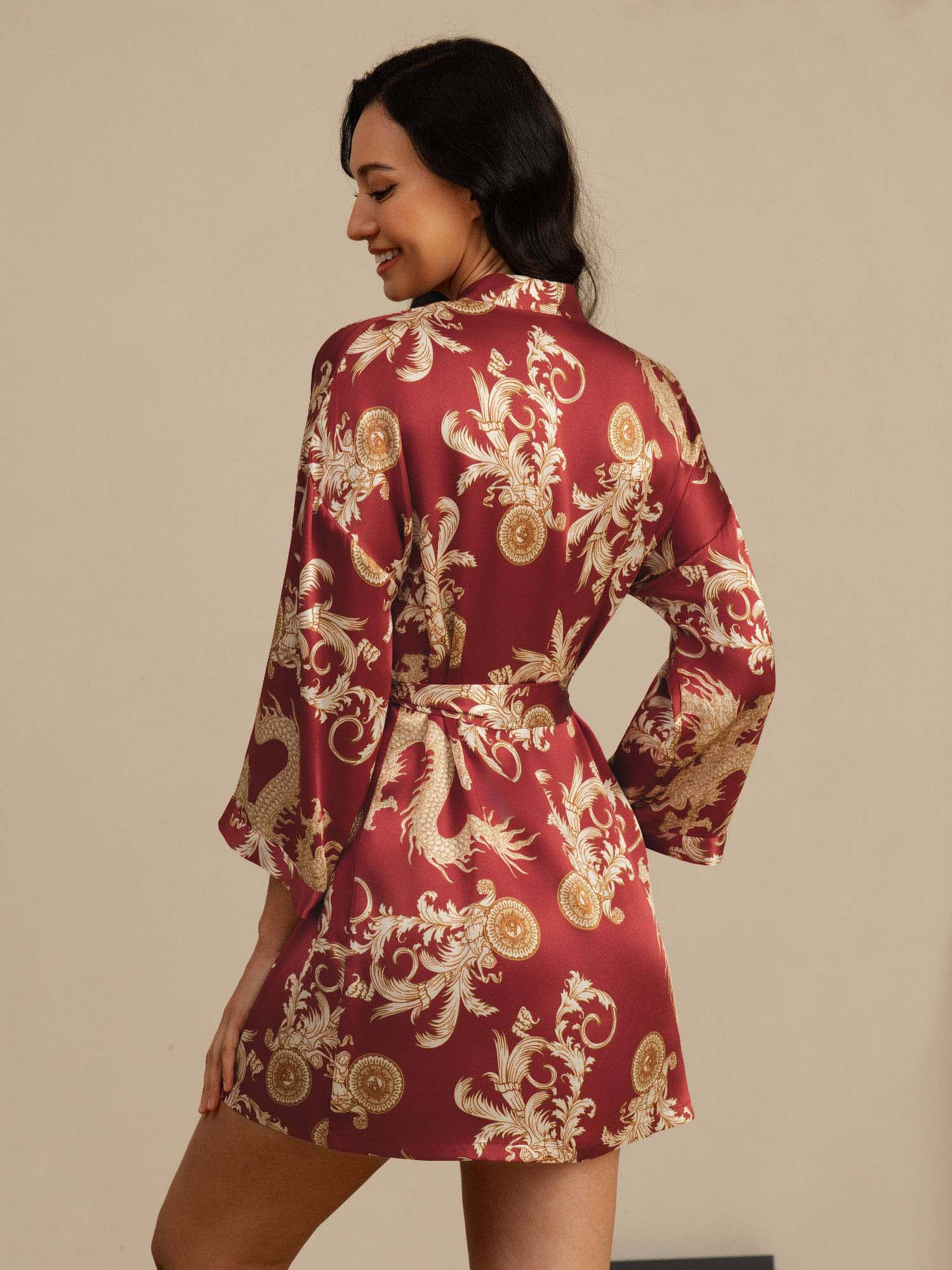 Linda pure mulberry silk kimono robe with dragon print in black, wine and navy