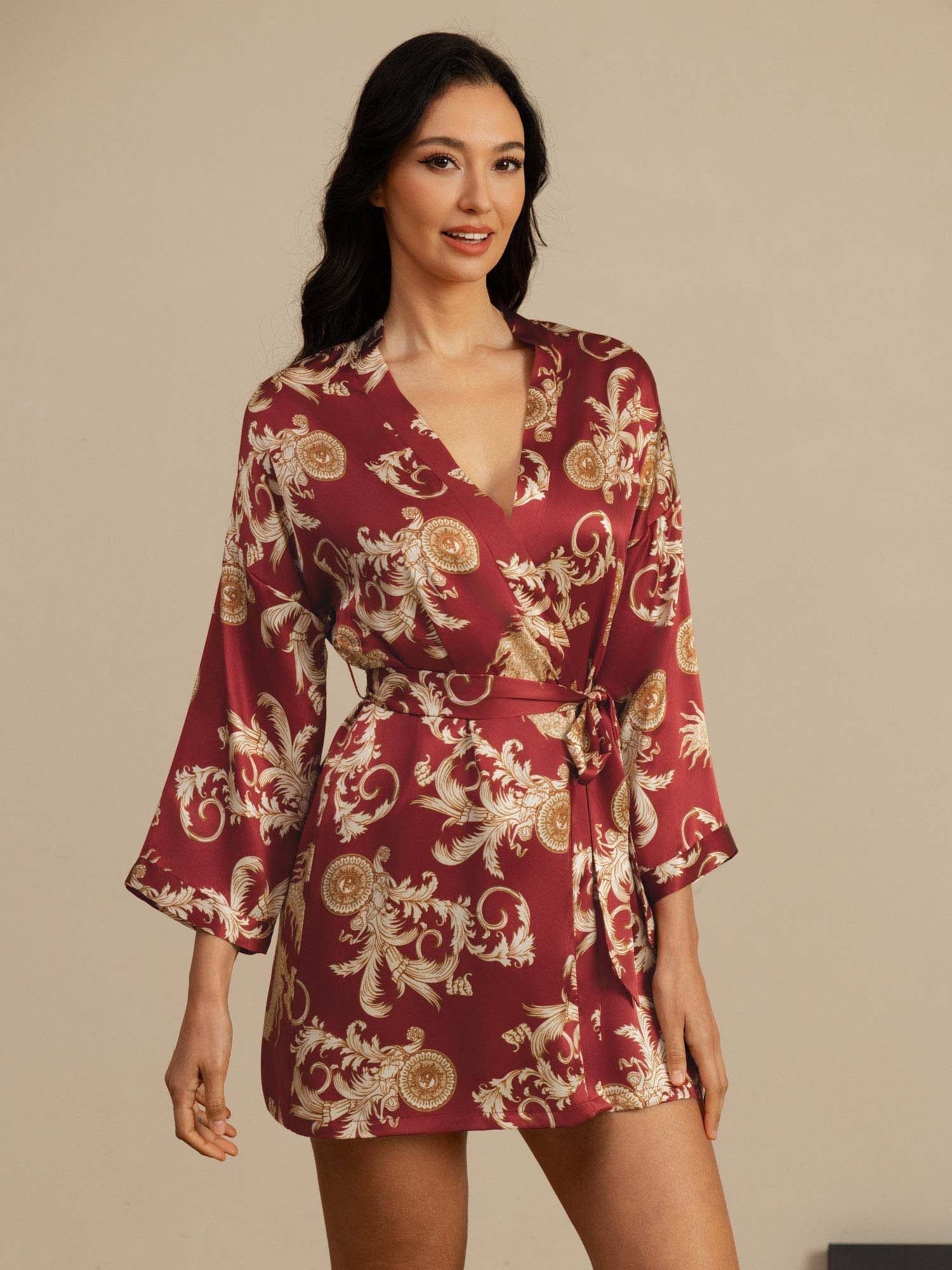 Linda pure mulberry silk kimono robe with dragon print in black, wine and navy