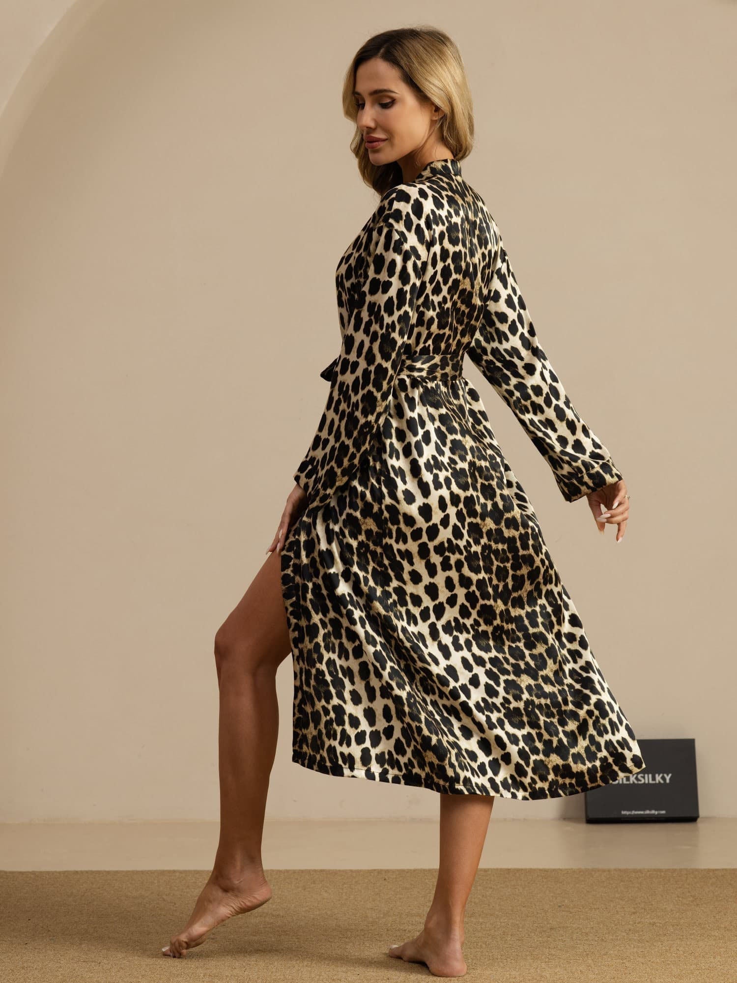 Maggie sheer mulberry silk dressing gown in leopard print with a soft, fluid drape