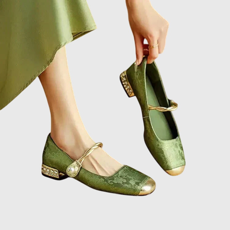 Cilia | Embroidered Buckle Sandals in Green, Beige & Black