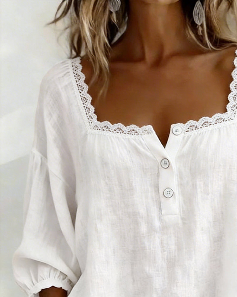Cheryl lace blouse with puff sleeves shown in white, blue and pink