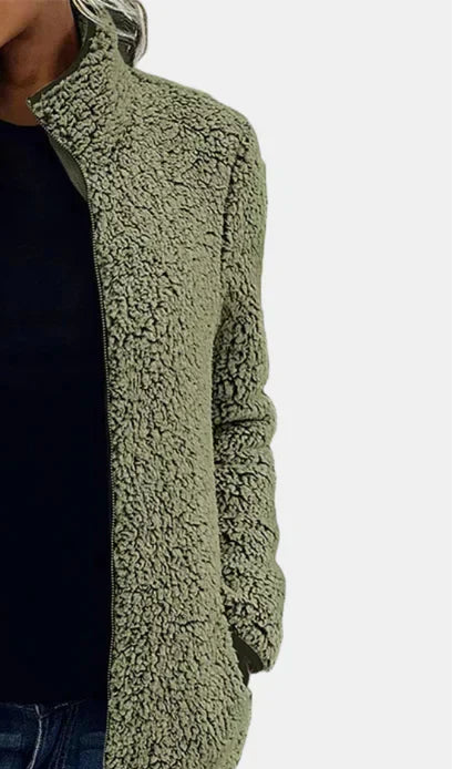 Xara soft teddy fleece jacket with stand collar, contrast piping and relaxed hip-length fit